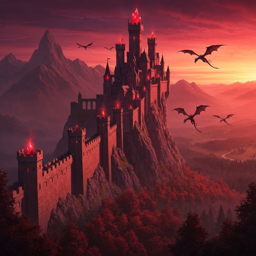 A high-fantasy castle and dragon scene