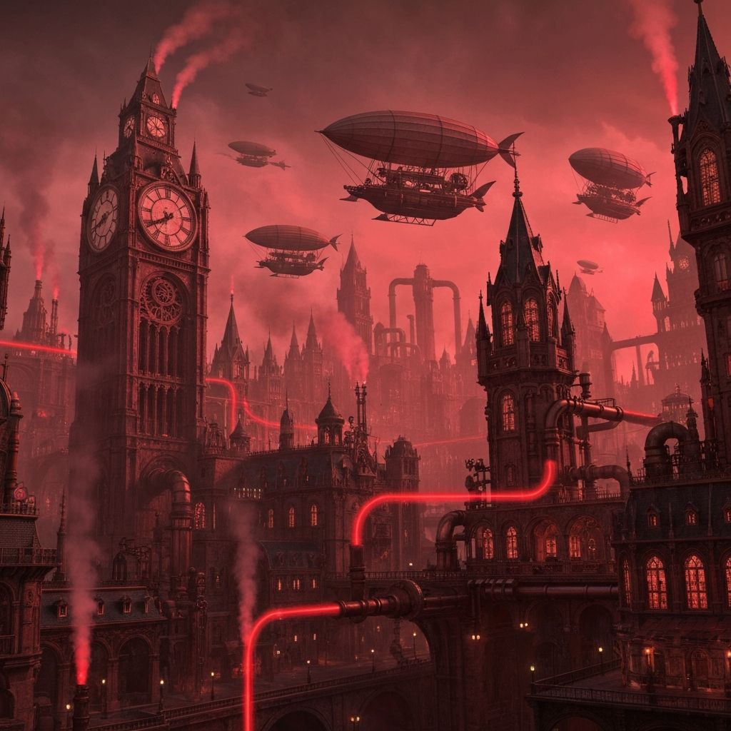 A gaslit Victorian industrial cityscape